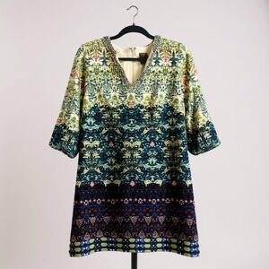Bohemian Floral‎ Patterned Dress With Beaded Neckline & Back Zipper size 8
